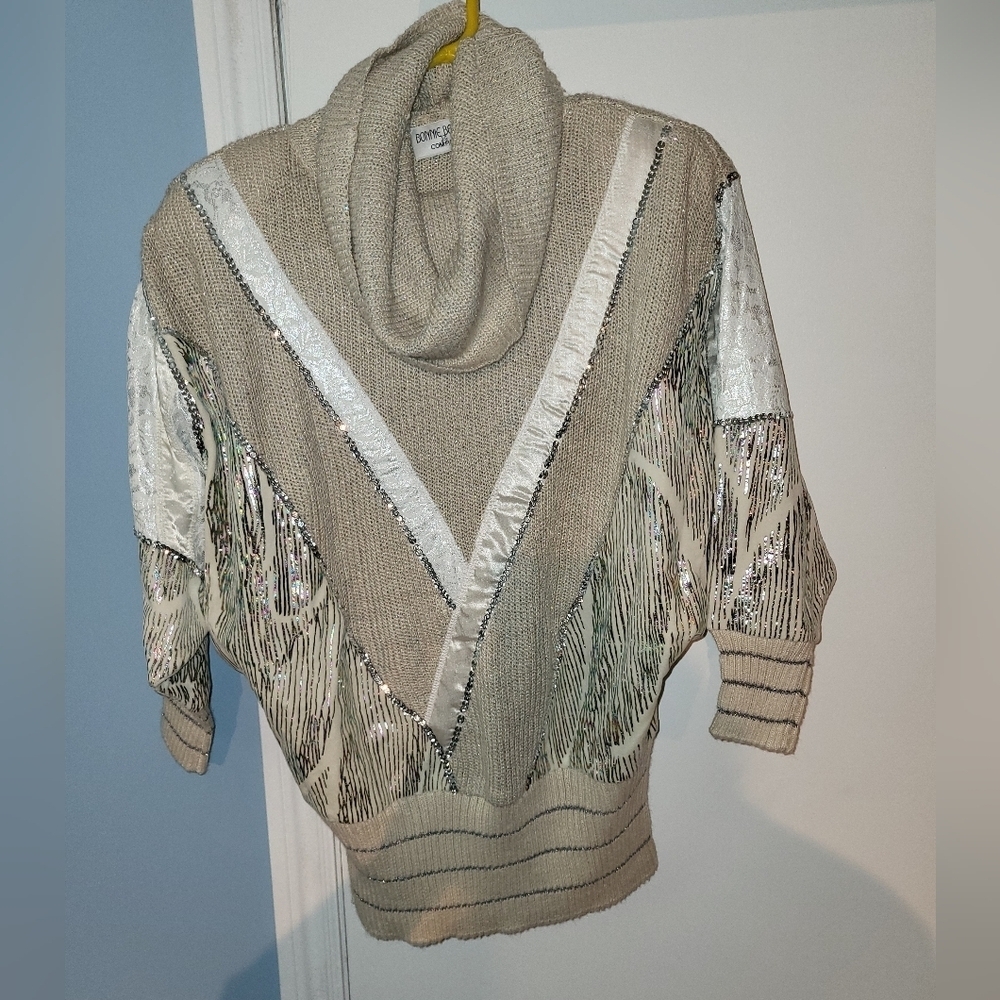 Vintage Bonnie Boerer & Company Sequin Shiny  Beige Cowl Neck Sweater Size M